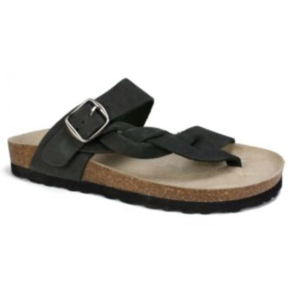 White Mountain Crawford Black Leather Sandals size US 8 Braid Thong Cork Footbed